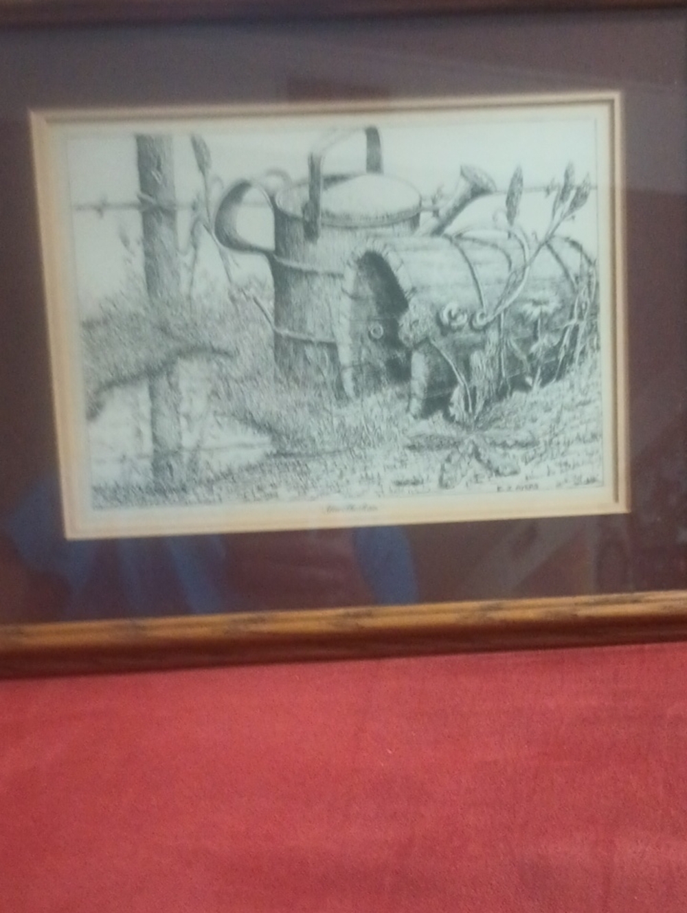E j Ayers Framed Vintage Watering Can Pen & Ink Print - Brown Mat